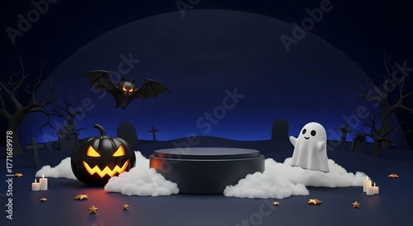 Obraz Spooky Halloween Stage with Glowing Pumpkin, Ghost, Bat and Candles on a Dark Blue Background