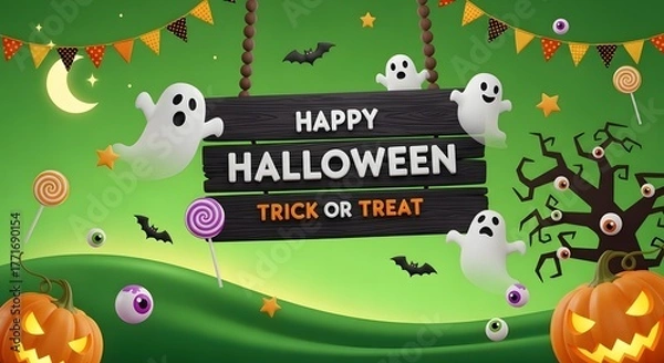 Fototapeta Happy Halloween Banner Festive Ghosts, Pumpkins, and Sweets in a Spooky Celebration
