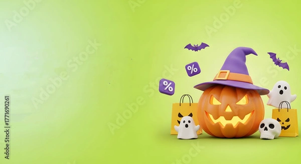 Obraz Spooky 3D Halloween Sales Promotion with Jack-o'-Lantern, Ghosts, and Discount Shopping Bags on a Vibrant Green Background