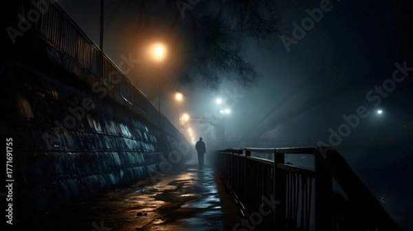 Fototapeta Silhouette walking foggy river path
