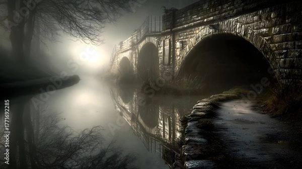 Fototapeta Misty bridge reflection landscape