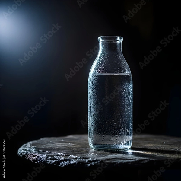 Fototapeta Clear glass bottle filled with sparkling water and bubbles on a wet surface with dark background