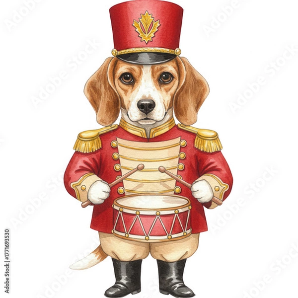 Fototapeta Adorable Beagle Drummer Dog Dressed in Nutcracker Soldier Uniform Standing Proudly with Drum