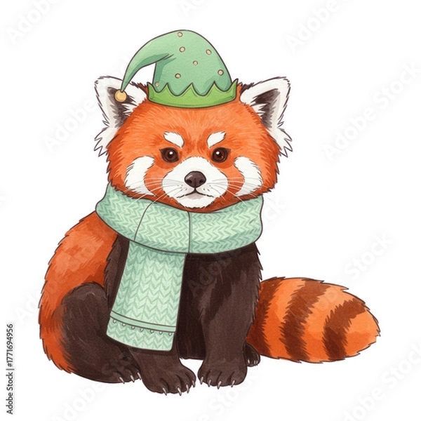Obraz Adorable Festive Red Panda Wearing A Winter Hat And Scarf Set