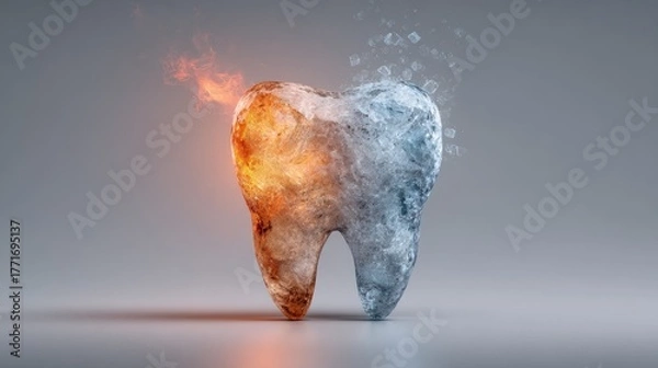 Fototapeta Tooth: The image depicts the concept of teeth, where one side is on fire and the other side is covered in ice, portraying the feeling of sensitive teeth.