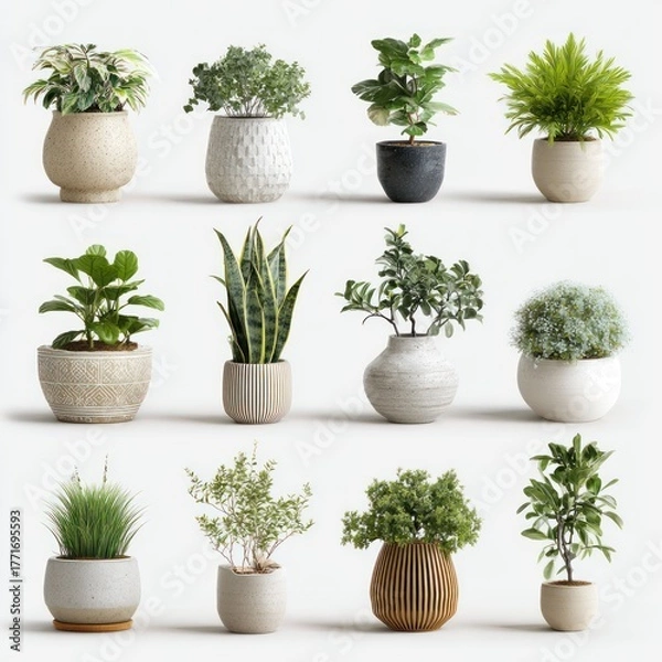 Fototapeta Collection of Potted Plants: A vibrant assortment of diverse plants, each nestled in its own unique pot, creates a charming display that adds a touch of nature's beauty to any space. 
