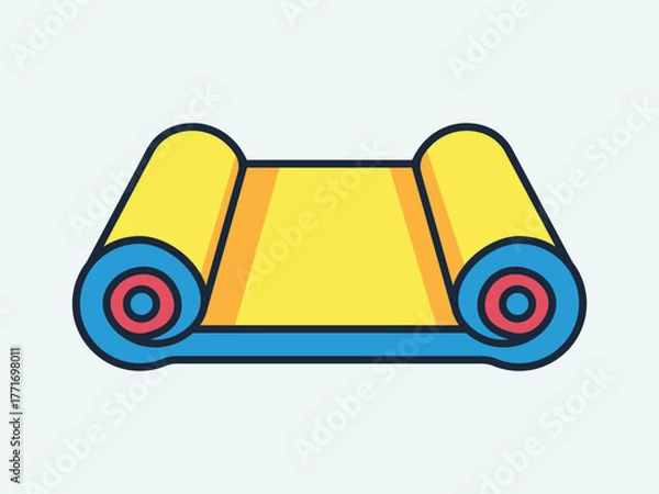 Fototapeta Bright yellow yoga mat rolled up with blue edges and red centers peaceful exercise tool