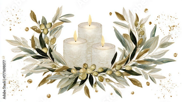 Fototapeta golden candles, softly glowing among lush olive branches and golden berries.