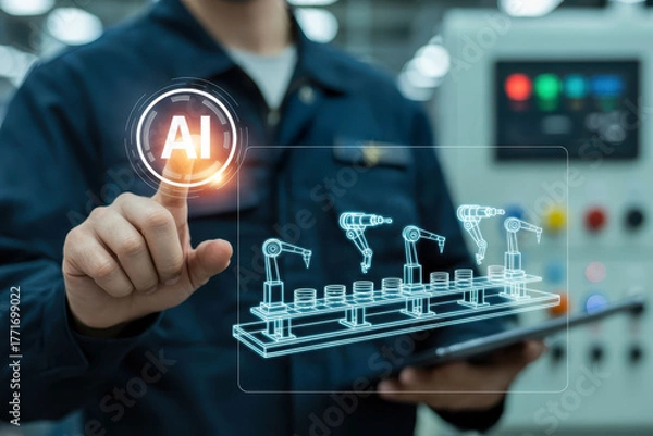 Fototapeta Close up of engineer hand interacting with digital interface displaying AI technology and robotic arms in manufacturing setting, showcasing innovation and automation