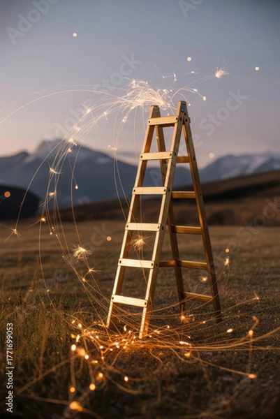 Fototapeta Golden ladder surrounded by glowing sparks in serene landscape, with mountains in background. scene evokes sense of wonder and magic, illuminated by twinkling lights