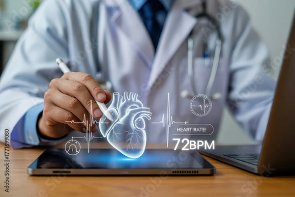 Fototapeta Doctor uses tablet to monitor heart rate, displaying digital heart graphic and vital signs. scene conveys sense of modern healthcare technology and patient care