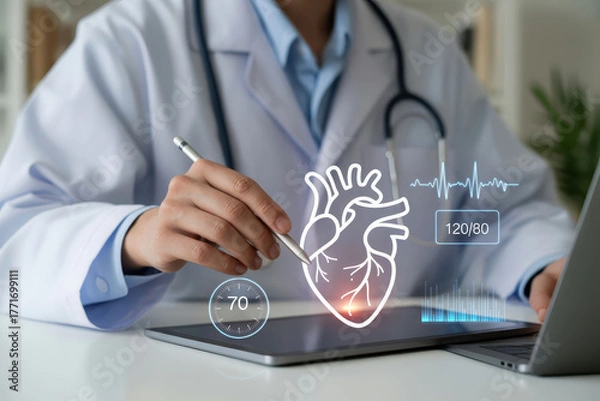 Fototapeta Doctor in white coat uses digital tablet to analyze heart data, showcasing heart graphic and vital signs. scene conveys modern approach to healthcare and technology