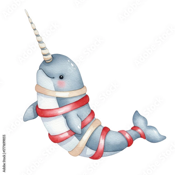 Obraz Whimsical Watercolor Narwhal Adorned With Festive Ribbons And Holly