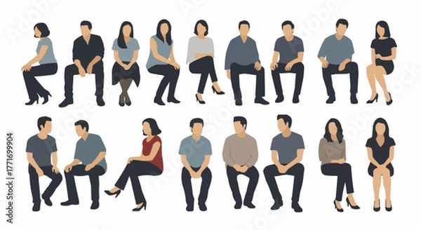 Fototapeta Group of diverse people sitting in various poses, front view.