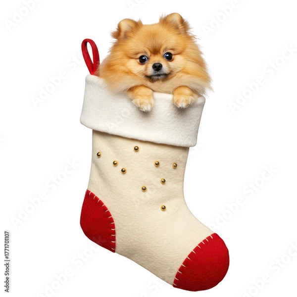 Obraz Adorable Pomeranian Puppy Peeking Out of Festive Christmas Stocking