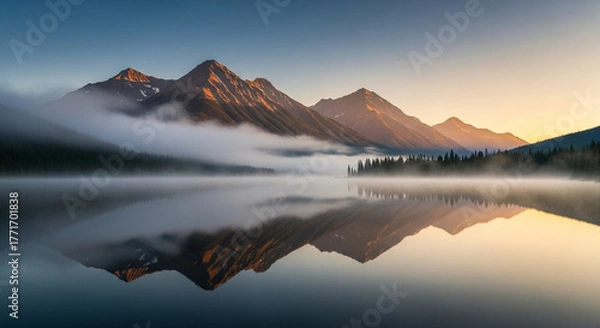 Fototapeta Peaceful Mountain Sunrise with Lake Reflection and Mist