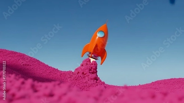 Obraz Orange rocket launching into blue sky business startup innovation idea