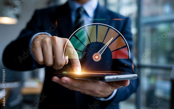 Fototapeta Businessman pointing at a performance gauge on a smartphone screen