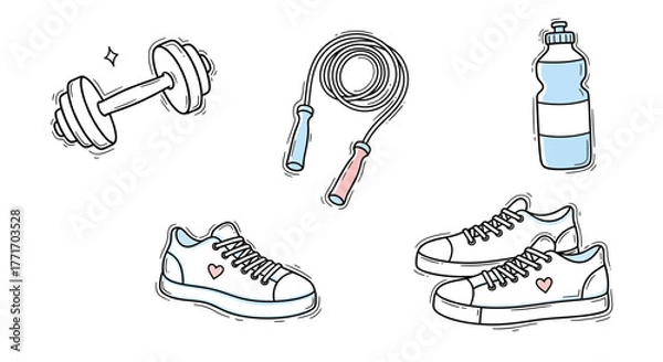 Fototapeta Playful hand-drawn doodle set of fitness essentials dumbbell, jump rope, water bottle, and sneakers. Ideal for active lifestyle illustrations, workout concepts, and healthy habits