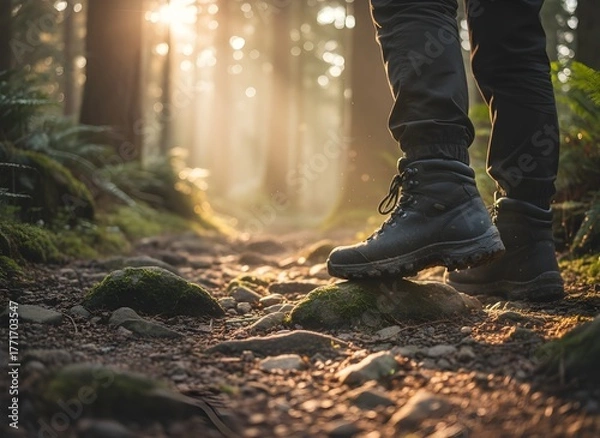 Fototapeta Close-up view of a person wearing hiking boots walking on a rocky forest trail. Concept of outdoor adventure, trekking, and nature exploration. Morning sunlight adds a warm and natural atmospher