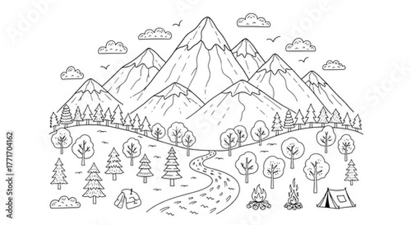 Fototapeta Captivating Line Art Illustration of Majestic Mountains, a Flowing River, and a Peaceful Forest Scene with Camping Gear, Inviting Outdoor Exploration and Wilderness Adventure