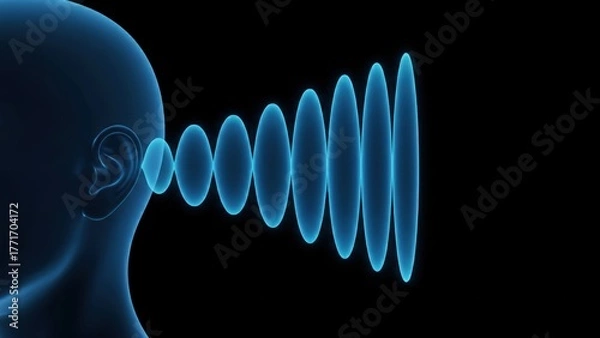 Fototapeta A blue ear silhouette with glowing waves on a black background symbolizing digital sound, hearing problems, hearing aid