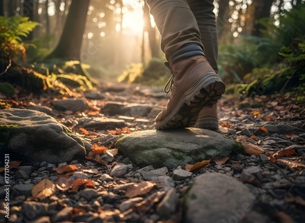 Fototapeta Close-up view of a person wearing hiking boots walking on a rocky forest trail. Concept of outdoor adventure, trekking, and nature exploration. Morning sunlight adds a warm and natural atmospher