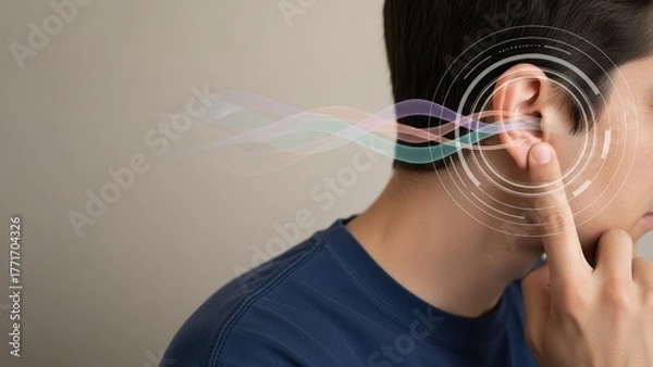 Obraz A man touching a ear with colorful waves and circular interface symbolizing hearing problems and hearing aid detection