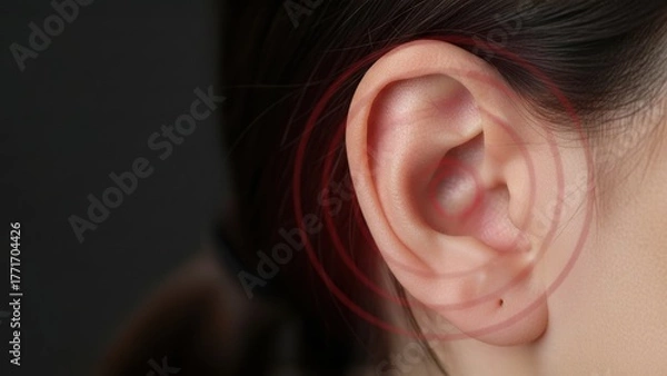 Obraz A woman ear with glowing red circle showing pain and pressure symbolizing hearing problems and hearing aid care