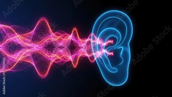 Obraz A glowing ear cross section with bright sound waves symbolizing hearing problems and hearing aid technology