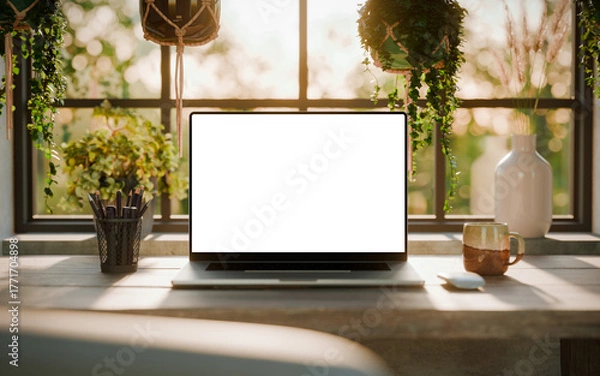 Obraz Laptop green screen mockup front view on desk with natural light and green plants – home office workspace. Cgi render