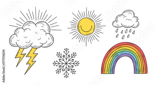 Fototapeta Charming hand-drawn weather icon set showcasing diverse climate elements like a bright sun, stormy cloud, gentle rain, delicate snowflake, and vibrant rainbow