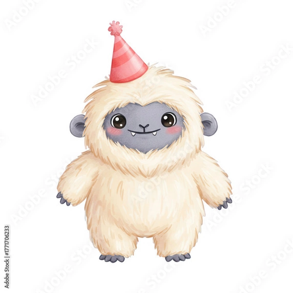 Obraz Adorable Fluffy Yeti Character Celebrating A Birthday Party