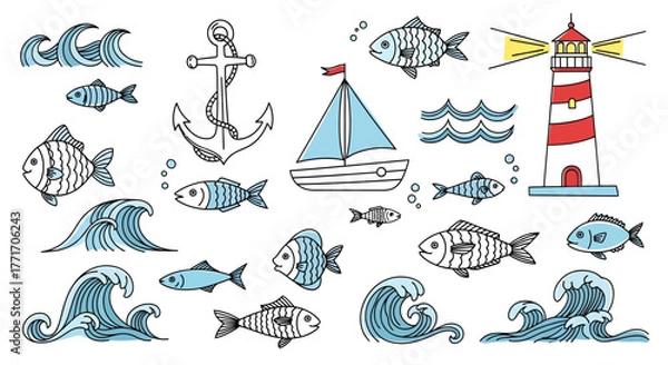 Fototapeta Charming hand-drawn marine and nautical collection fish, waves, anchor, sailboat, and lighthouse. A delightful artistic assortment for sea-themed designs