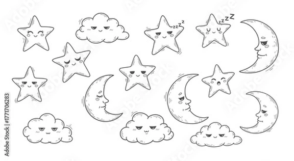 Fototapeta Whimsical Hand-Drawn Celestial Collection Expressive Cartoon Stars, Moons, and Clouds with Various Moods, Perfect for Cute Designs and Night Sky Themes