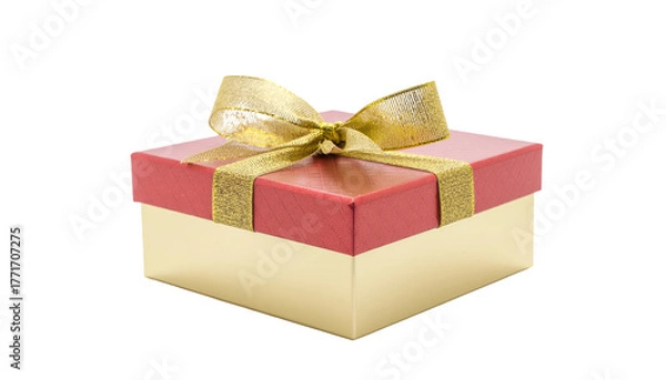 Obraz A red gift box with a gold ribbon and bow, perfect for a Christmas or birthday present, isolated on a white background