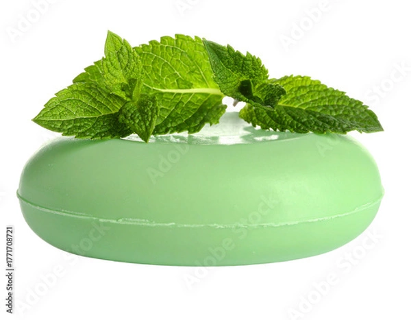Fototapeta Round Green Mint Soap Isolated on White with Mint Leaves