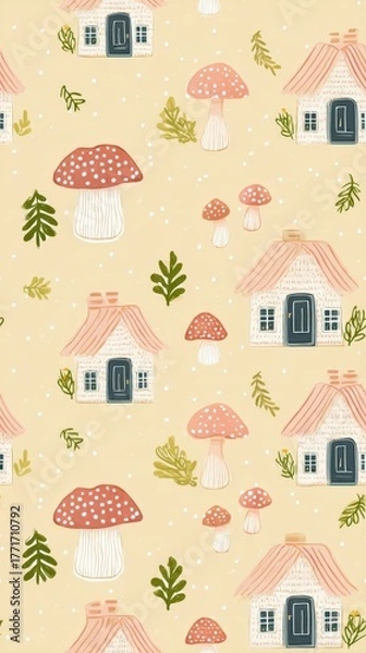 Obraz pastel mushroom house wallpaper Whimsical Fairy Tale Inspired Pattern Featuring Mushrooms Houses and Forest Leaves on Soft Pastel Background a vintage storybook mushroom wallpaper