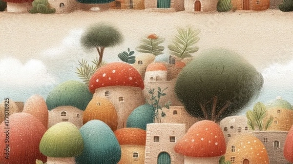 Fototapeta pastel mushroom house wallpaper Whimsical fairy tale village with colorful mushroom houses surrounded by lush trees and whimsical architecture, fantasy a vintage storybook mushroom wallpaper