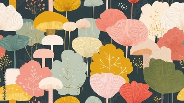 Fototapeta pastel mushroom house wallpaper Colorful Abstract Floral Pattern with Large Ginkgo and Mushroom Shapes in Soft Pastel and Vibrant Hues a vintage storybook mushroom wallpaper
