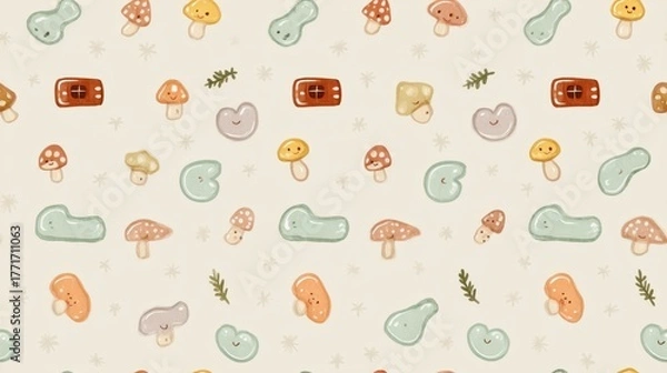 Fototapeta pastel mushroom house wallpaper Cute Hand-Drawn Mushrooms, Beans, and Leaves in Soft Pastel Colors on Light Background a vintage storybook mushroom wallpaper
