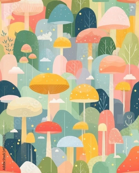 Obraz pastel mushroom house wallpaper Colorful Illustrative Forest of Mushrooms with Vibrant Fantasy Trees in a Whimsical Nature Scene a vintage storybook mushroom wallpaper