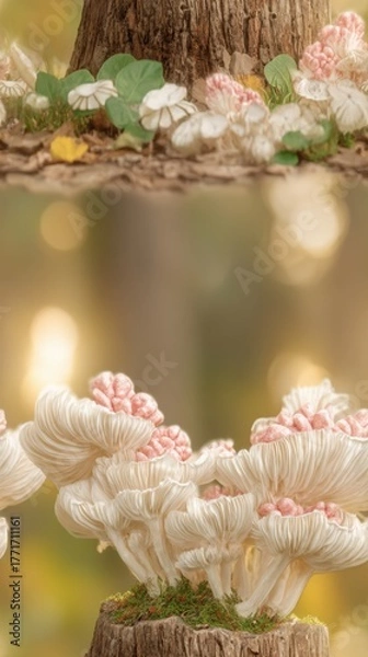 Fototapeta pastel mushroom house wallpaper Close-up of Mushrooms Growing on Tree Stump with Autumn Leaves and Green Foliage a vintage storybook mushroom wallpaper