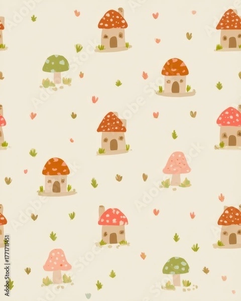 Fototapeta pastel mushroom house wallpaper Whimsical Fairytale Village Pattern with Colorful Mushroom Houses and Green Grass on Light Background a vintage storybook mushroom wallpaper