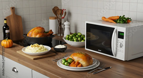 Obraz Thanksgiving Feast on Kitchen Counter with Microwave.