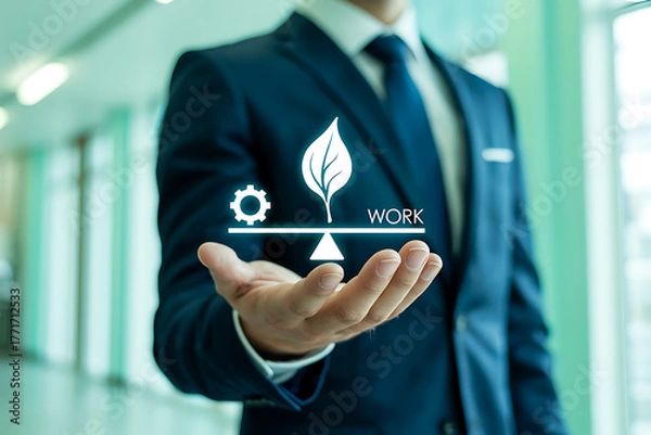 Fototapeta Man in suit holding a balance scale with leaf and gear symbol