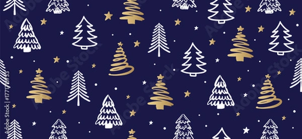 Fototapeta Christmas gold and white tree, pattern on blue background, Hand drawn illustrations.