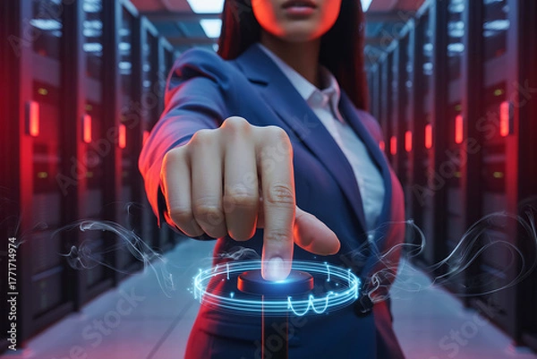Fototapeta Woman touching glowing button in server room, activating technology