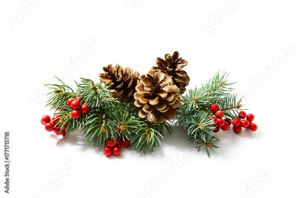 Obraz Christmas decoration of holly berry and pine cones on white background. Winter natural decoration.
