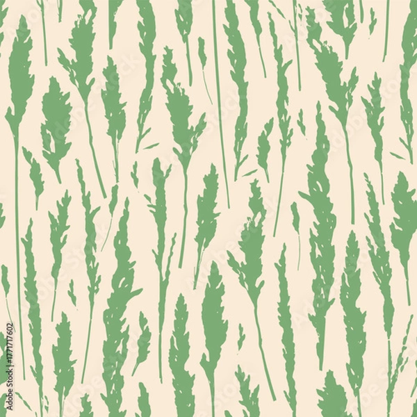 Obraz Pampas grass on green seamless pattern. Herbs background for postcards, wallpaper, wrapping paper.